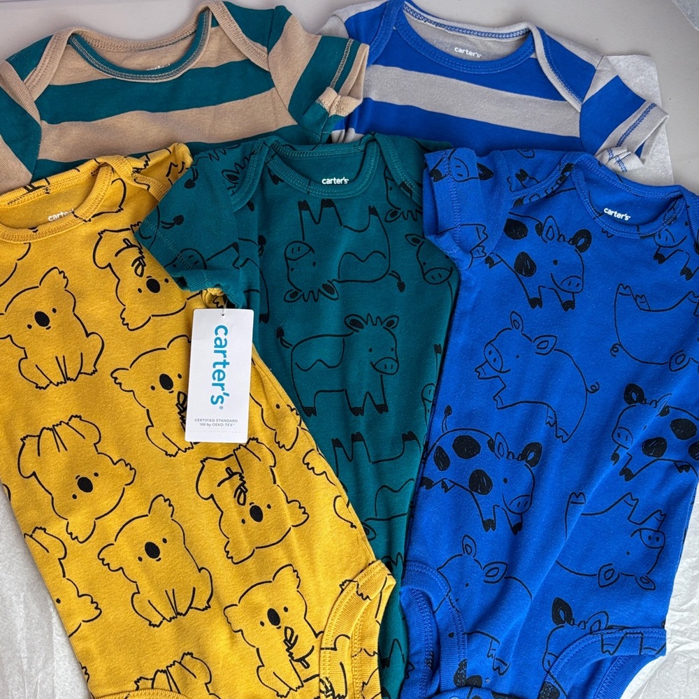NWT 5 Piece Carter's Bodysuits Onesies Set - Teal, Blue, Mustard Koala Cow Pig
